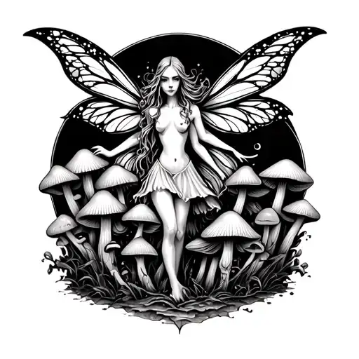 A Ghostly Fairy Emerging From A Cluster Of Mushrooms