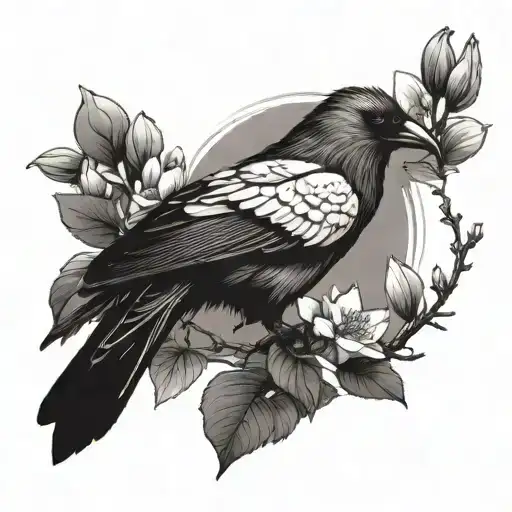 A Majestic Crow Perched On A Blooming Magnolia Tree