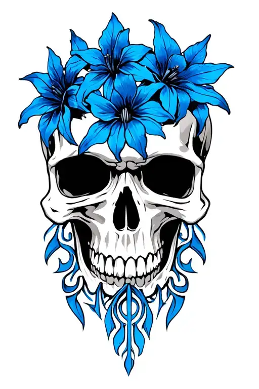 Skull With Blue Colorado Columbines And Tribal Lines