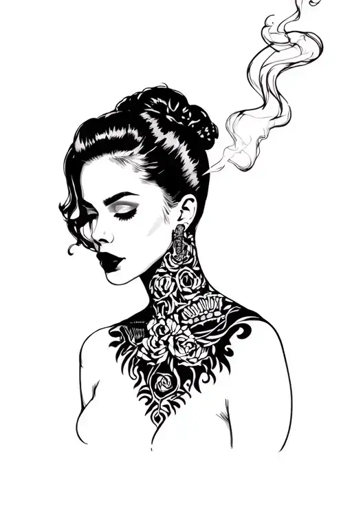 Sketch Of Black Style Neck Tattoo With Smoking Woman In Pop-art Style