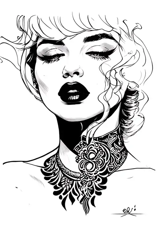 Sketch Of Minimalistic Black Style Neck Tattoo With Smoking Woman In Pop-art Style