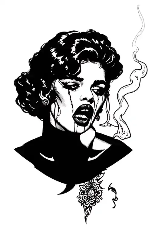 Sketch Of Black Style Neck Tattoo With Smoking Crying Woman In Pop-art Style