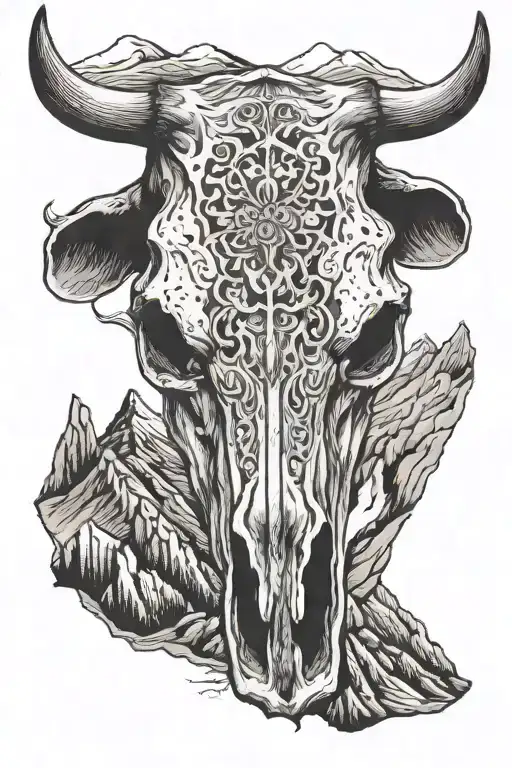 A Cow Skull With Mountains In The Background
