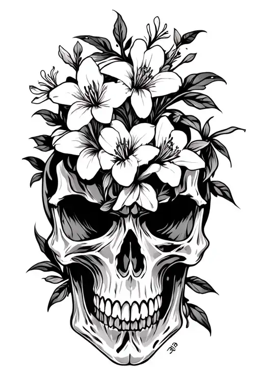 Skull Black And White And Colorado Columbines In Color Intertwined With Vines