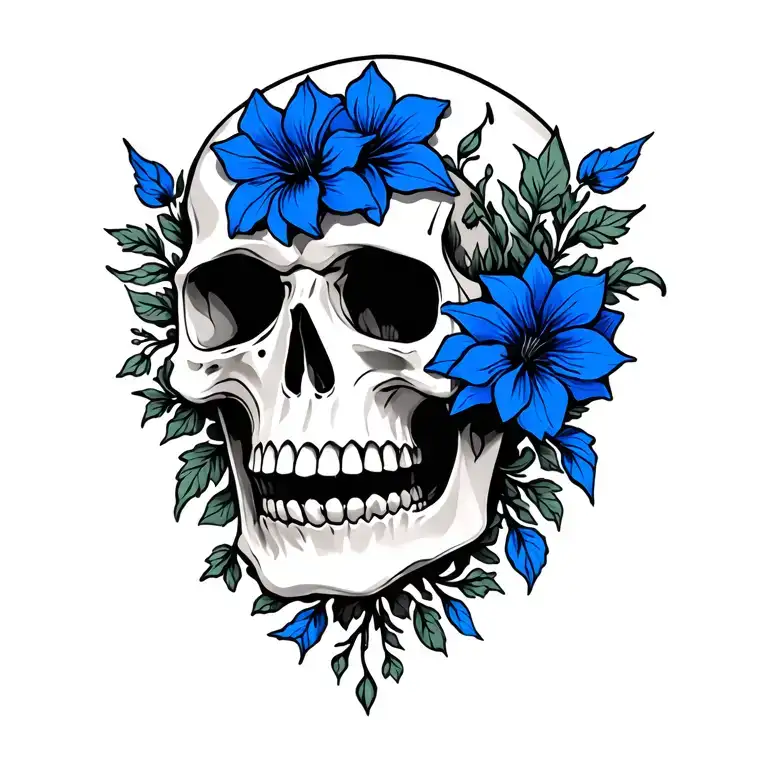 Tribal Skull With Blue Colorado Columbines And Vines