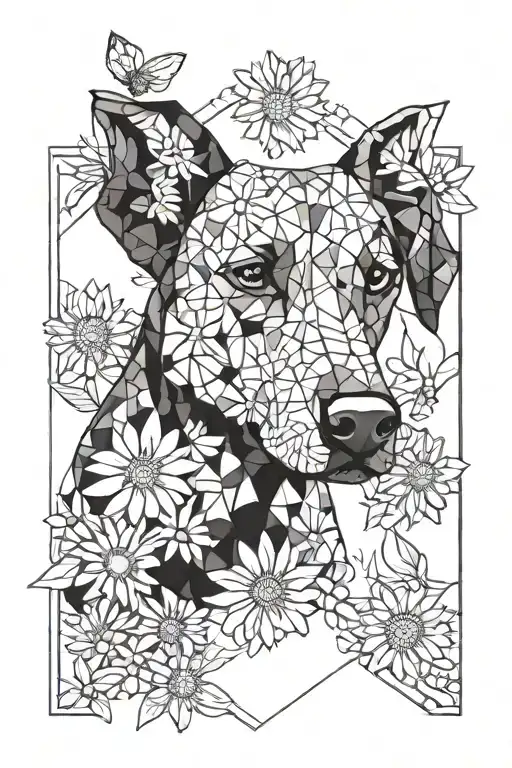 A Geometric Blackwork Tattoo Of A Dog Surrounded By Daisies