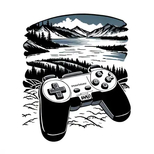 A Blackwork Tattoo Of A Retro Video Game Controller With Pnw Scenery In The Background