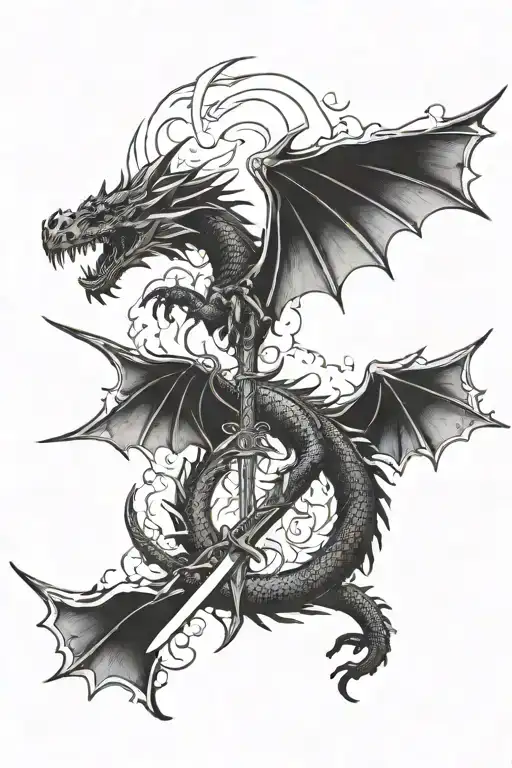 Dragon And Sword Surrounded By Fire And Clouds