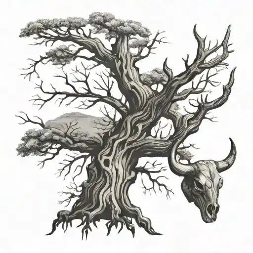 Oak Without Leaves And A Bull Skull On The Tree And Coordinates Written Underneath The Tree