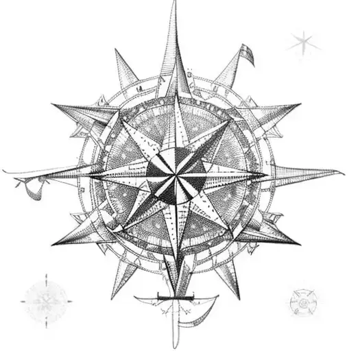 An Intricate Compass Rose Intertwined With The Sails Of A Tall Ship