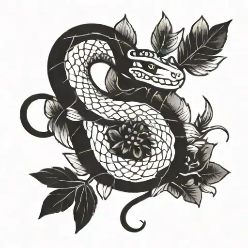 A Traditional Tattoo Design Featuring A Snake Intertwined With Flowers