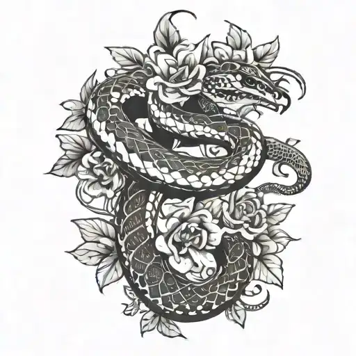 A Traditional Tattoo Design Featuring A Snake Intertwined With Flowers