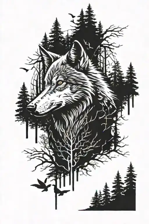 Wolf With Red Eyes With Birds Eye View Of A Haunted Forest For Background