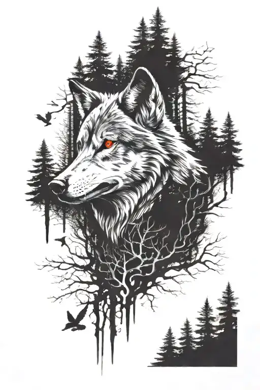 Wolf With Red Eyes With Birds Eye View Of A Haunted Forest For Background