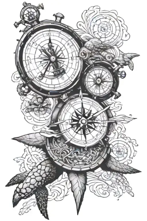 Compass And Sextant And Waves And Sea Turtle With An Old Map Background