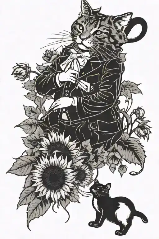 A Blackwork Tattoo Of A Cat Conductor Leading A Symphony Of Sunflowers