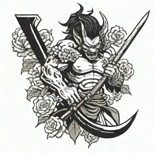 A Japanese Oni Demon Wielding A Katana Surrounded By Blooming Roses