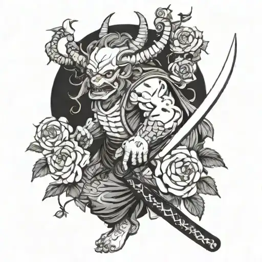 A Japanese Oni Demon Wielding A Katana Surrounded By Blooming Roses