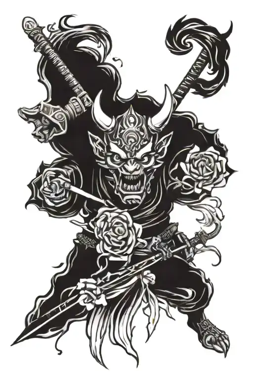 A Sketch-style Tattoo Of A Demon With A Katana Inspired By Japanese Folklore And Adorned With Roses