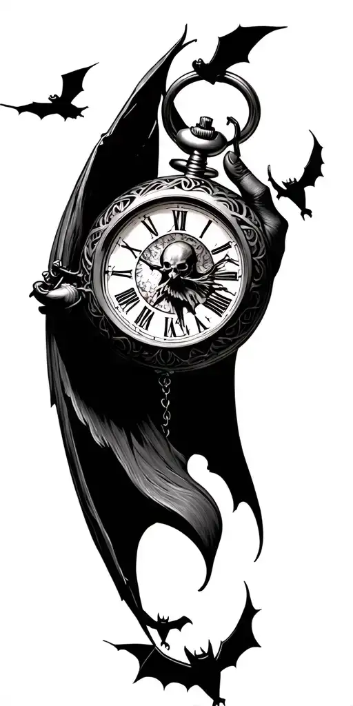 Bats Flying Pocket Watch Reaper Holding