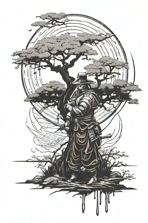 Samurai Under A Tree With A Blood Moon
