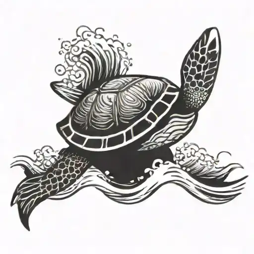 A Sketch-style Tattoo Of A Tribal Sea Turtle Riding A Wave