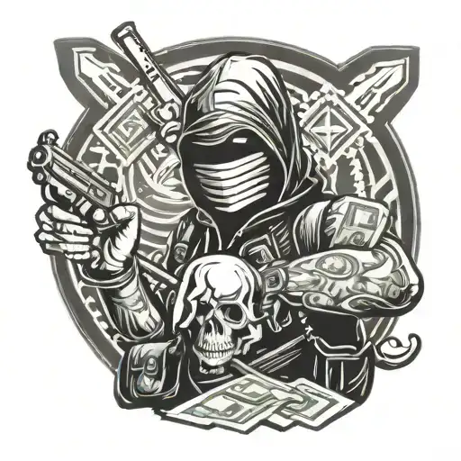 Masked Bank Robber Holding A Bag Of Money In One Hand And A Gun In The Other