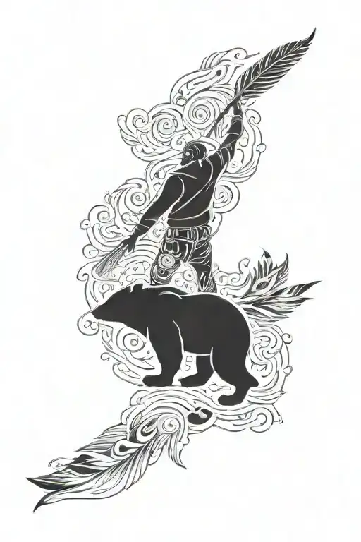 Standing Strong Man Silhouette Surrounded By Bear And Feather Motifs