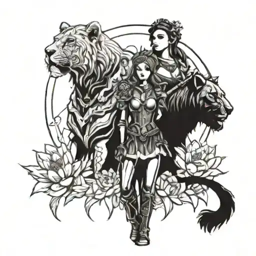 Gothic Warrior Woman With Lioness Companion Standing In A Field Of Blooming Lotus Flowers