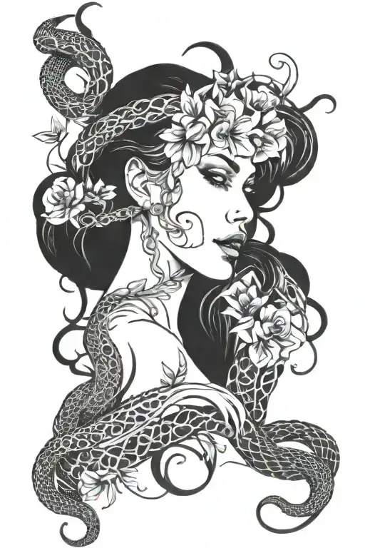 Beautiful Woman With Hair Made Of Flowers Next To A Broken Woman With Hair Made Of Snakes