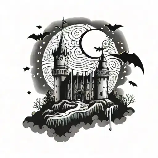 Castle And Moon With Stars And Bats