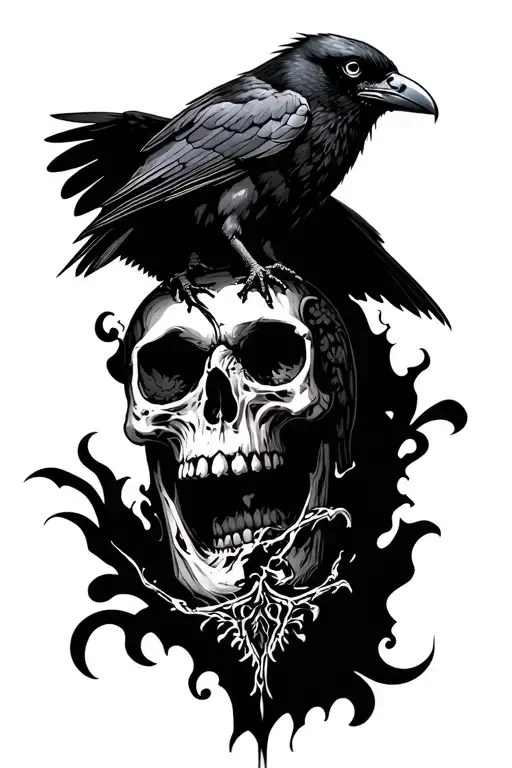 Broken Skull With A Raven Perched Atop