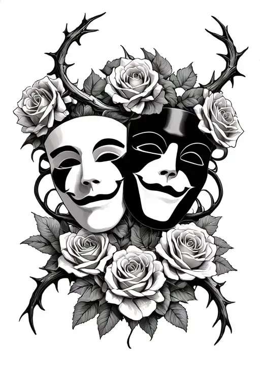 Comedy And Tragedy Masks With Rose Thorns Intertwined