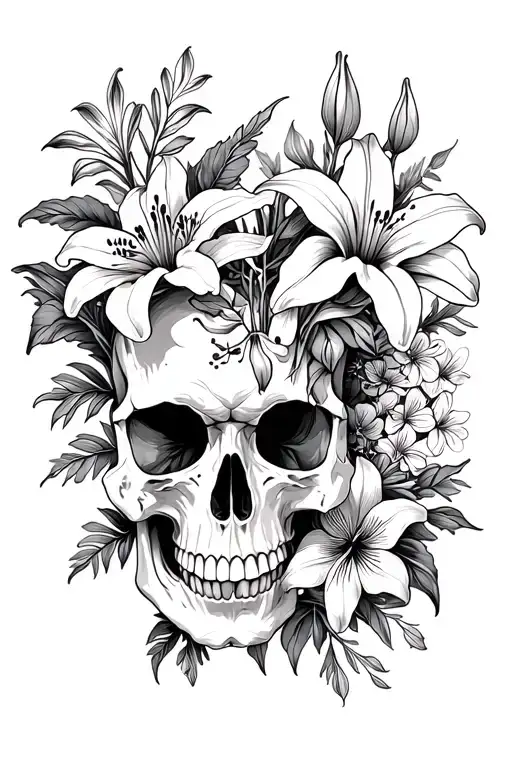 Skull With Tiger Lilies And Other Florals With Intricate Shading And Line Work
