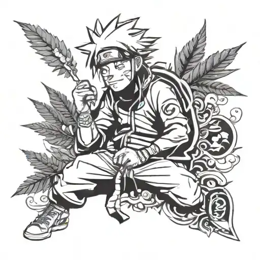 A Tattoo Of Naruto Smoking Marijuana In A Blackwork Style