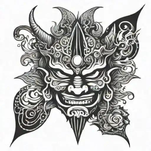 A Demon Mask With Buddhist Symbols And Psychedelic Elements