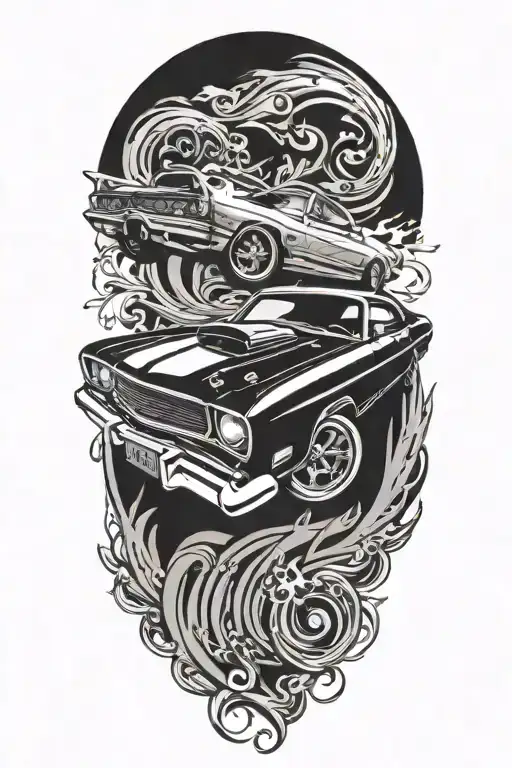 A Tattoo Of A Vintage Muscle Car With Musical Notes Swirling Around It
