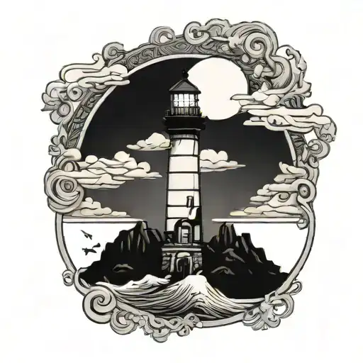 A Detailed Blackwork Tattoo Of A Lighthouse Overlooking The Ocean At Sunset