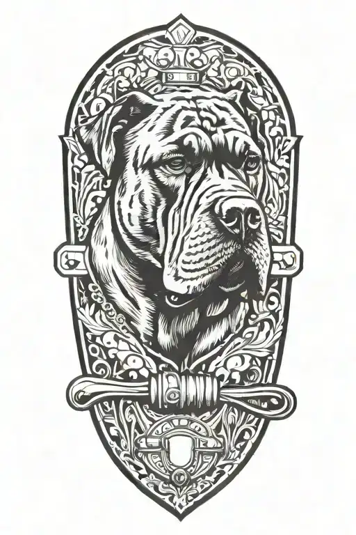 Tools Arranged In The Shape Of A Shield With A Cane Corso Smoking A Pipe