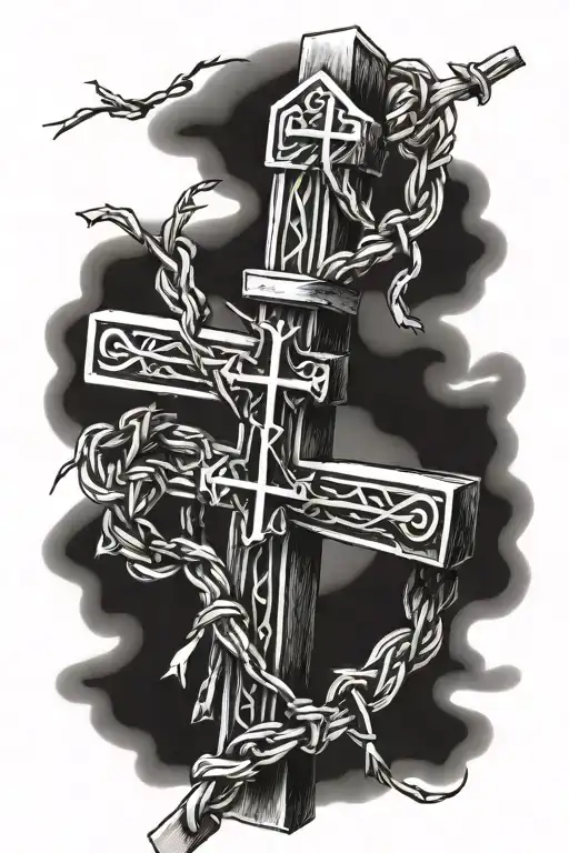 A Detailed Blackwork Design Of Barbed Wire Wrapping Around A Cross With A Biblical Verse Above It