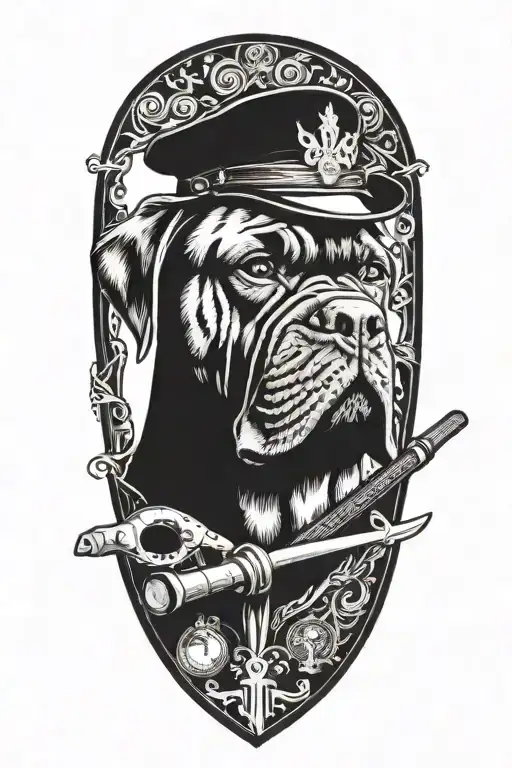 Tools Bordering A Knights Shield With A Cane Corso Smoking A Pipe