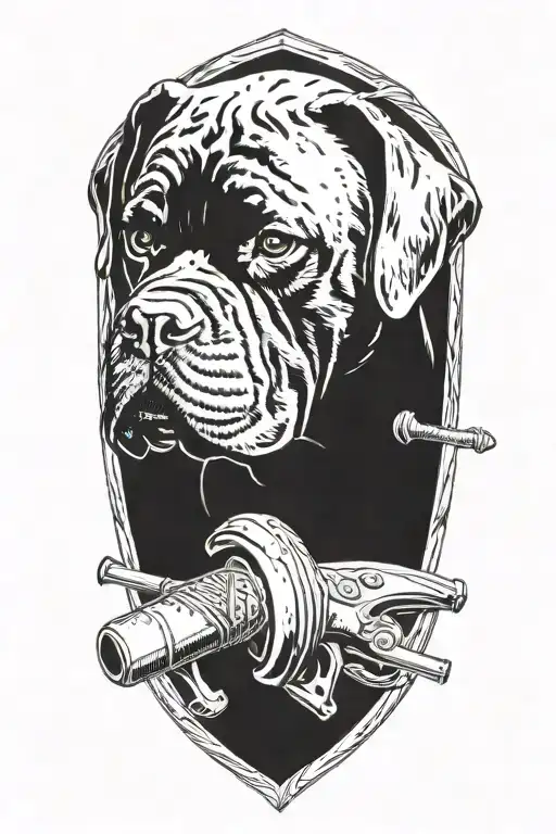 Tools Bordering A Knights Shield With A Cane Corso Smoking A Calabash Pipe