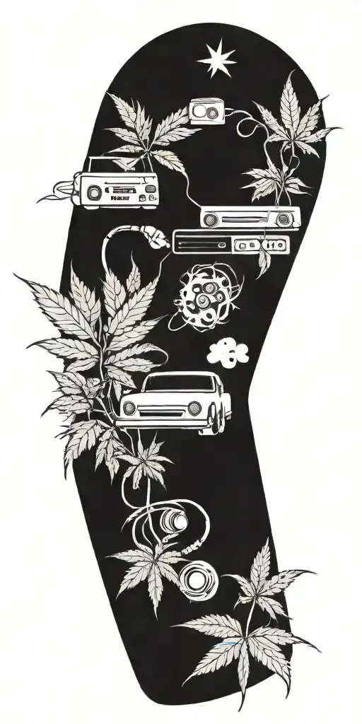A Blackwork Tattoo Of A Car Stereo Blasting Music With Marijuana Plants Growing Around It