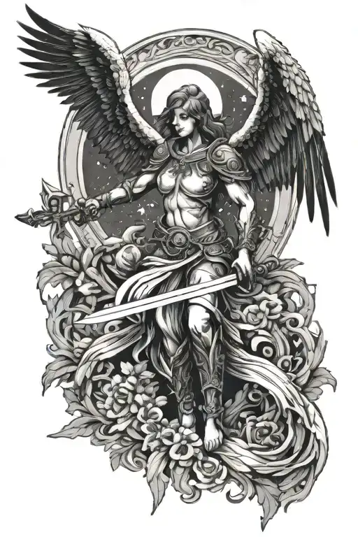 Arch Angel With Sword Moon Above The Wings