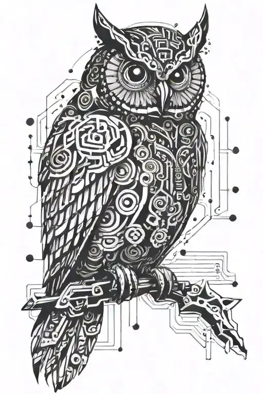 A Cybernetic Owl With Circuit Patterns In Its Feathers