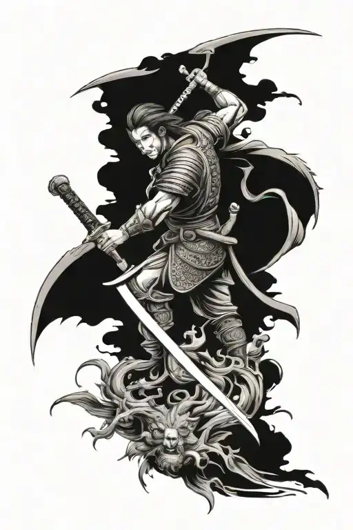 Katana Sword And Angel Man Fly Up To Dragon's