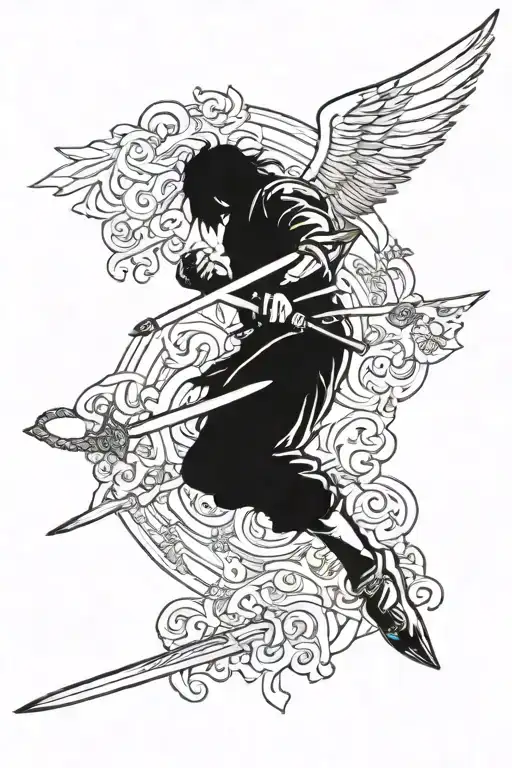 Katana Sword And Angel Man Fly Up To The Sky