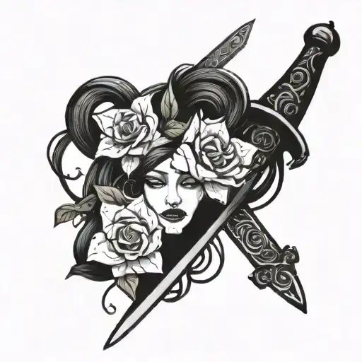 A Sword With A Woman's Face On One Side And Flowers On The Other Side Intertwined With Vines