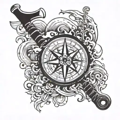 A Hockey Stick And Puck Intertwined With Waves And A Compass Rose