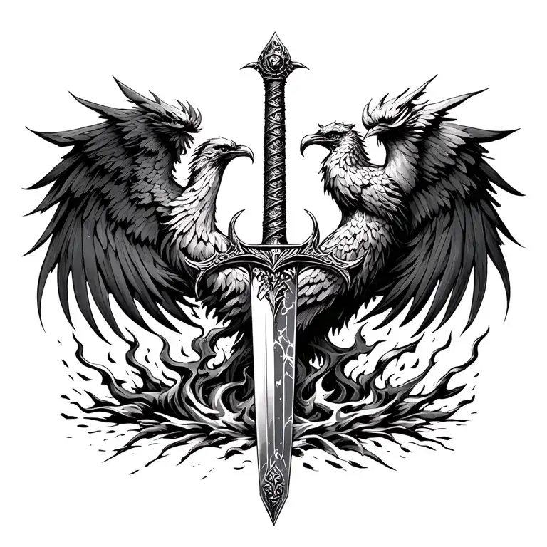 Excalibur Sword And Phoenix Rising From The Ashes